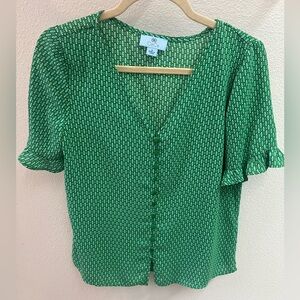 Cece garden geo print ruffle sleeve button up blouse NWOT
